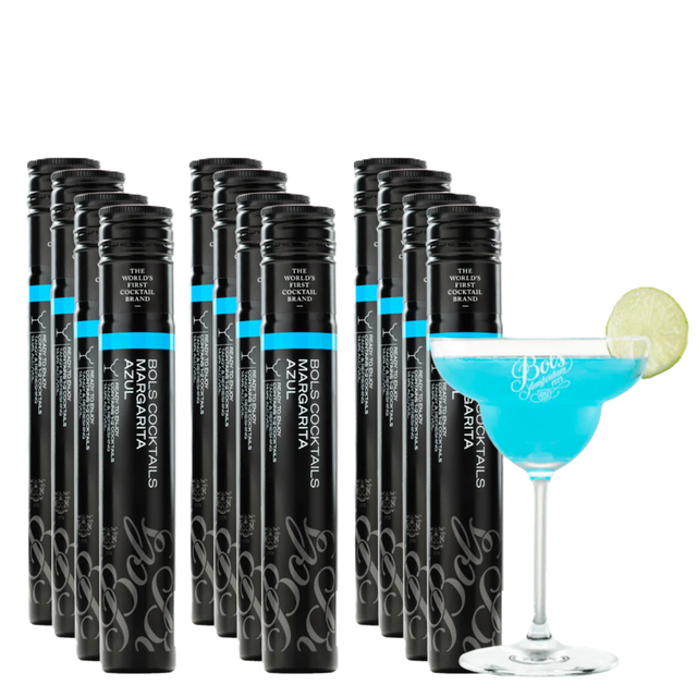 Multiple black cocktail tubes labeled Bols Margarita Azul, with a serving suggestion image of a blue cocktail (margarita) alongside.