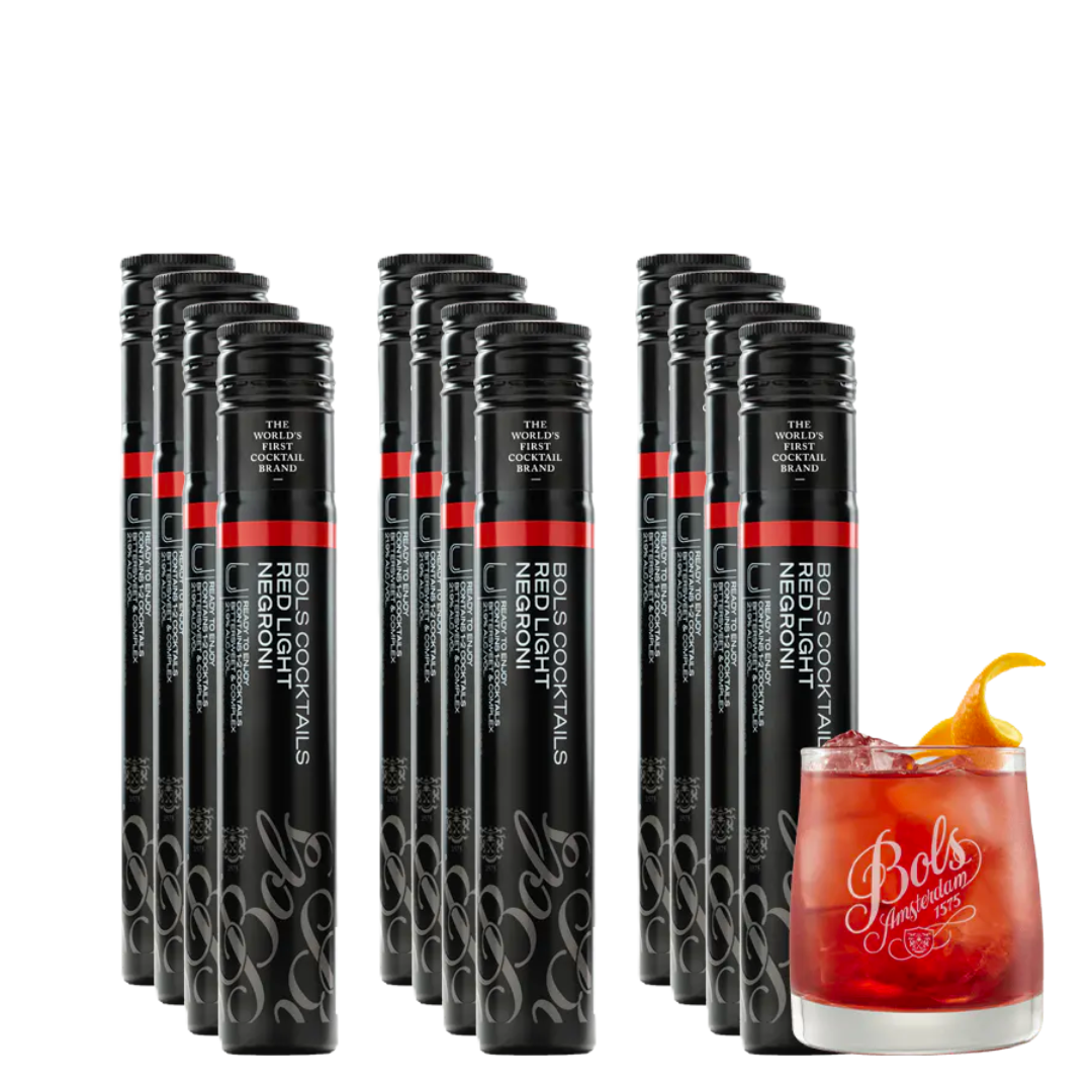 Multiple black cocktail tubes labeled Bols Negroni, with a serving suggestion image of a red cocktail (negroni) alongside.