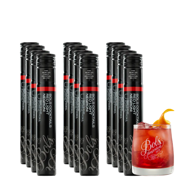 Multiple black cocktail tubes labeled Bols Negroni, with a serving suggestion image of a red cocktail (negroni) alongside.