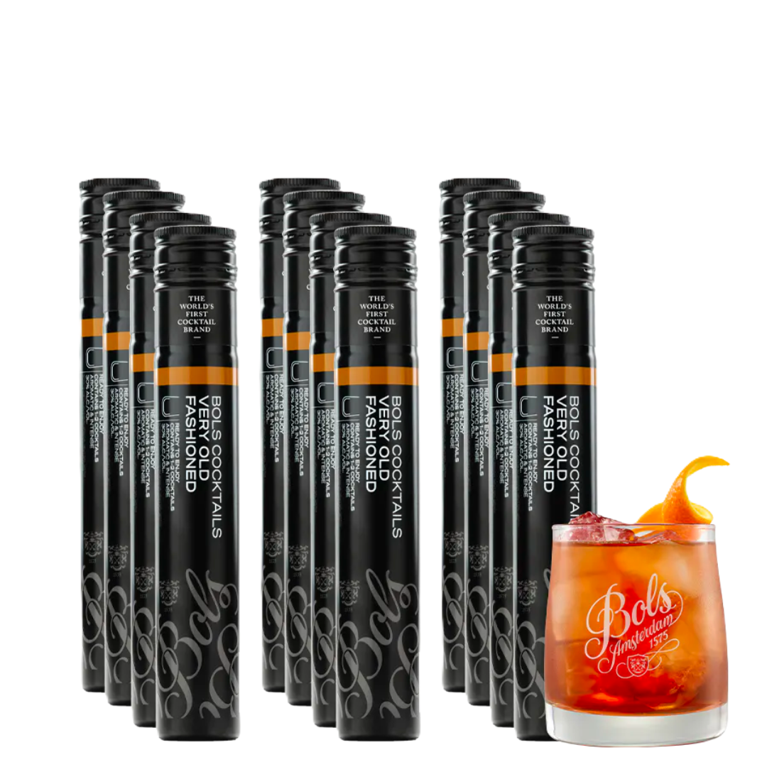 A collection of Bols cocktail tubes arranged in rows with a glass of old fashioned cocktail garnished with an orange peel in the front.