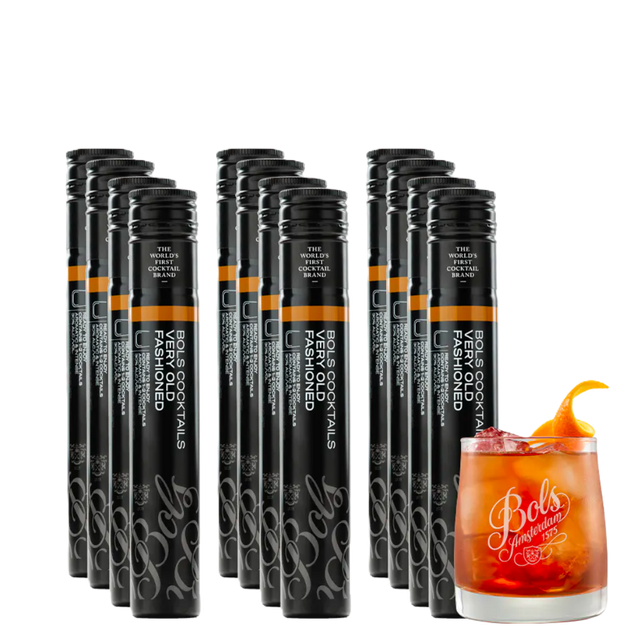 A collection of Bols cocktail tubes arranged in rows with a glass of old fashioned cocktail garnished with an orange peel in the front.