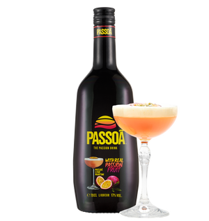 A bottle of Passoã passion fruit liqueur next to a glass of cocktail, both with a passion fruit and orange slice garnish.